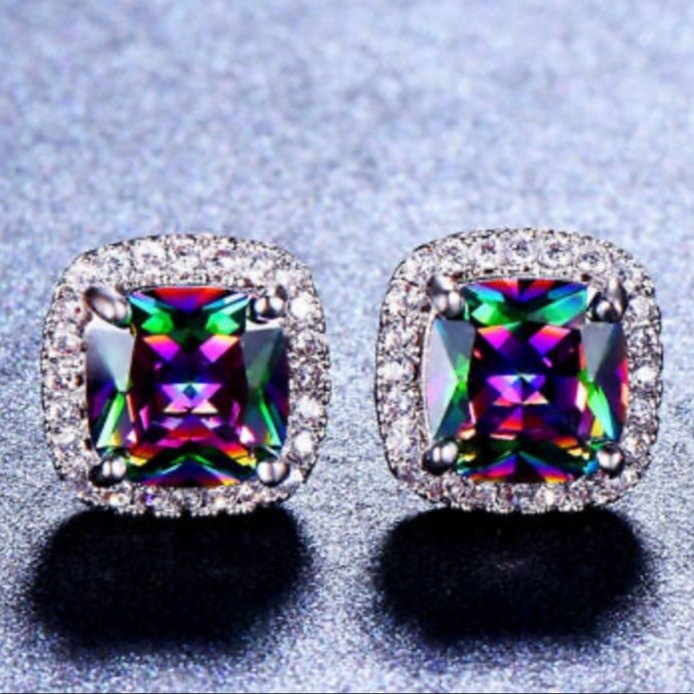 **RAINBOW MYSTIC TOPAZ DIAMOND HALO STUD EARRINGS - Picture 2 of 4
